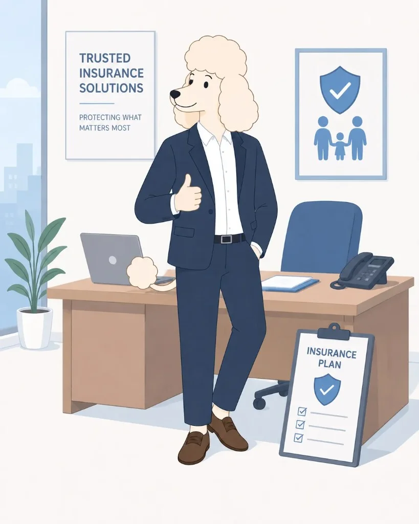 Perry the Policy Poodle in a navy suit, giving a thumbs up in a bright office with trusted insurance solutions posters and an insurance plan clipboard.